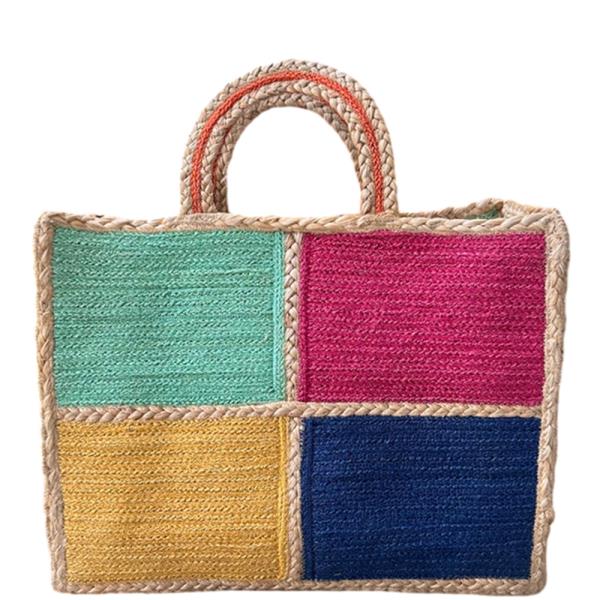 COLORED SQUARED WOVEN HANDLE TOTE BAG