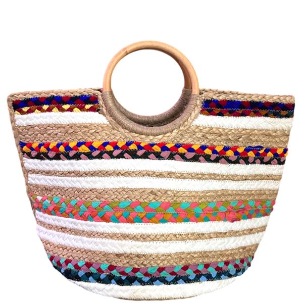 MULTI COLOR STRIPE DESIGN ROUND HANDLE TOTE BAG