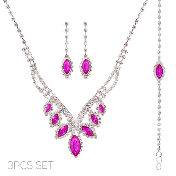 RHINESTONE MARQUISE 3 PC NECKLACE EARRING BRACELET SET