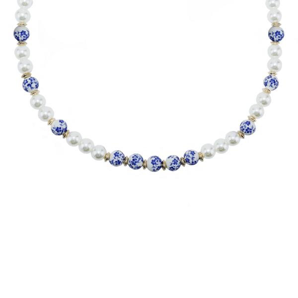 CERAMIC BLUE BEAD PEARL NECKLACE