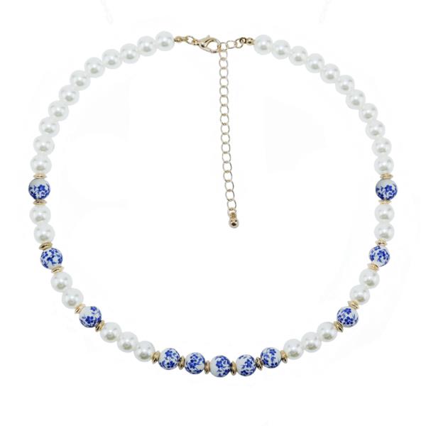 CERAMIC BLUE BEAD PEARL NECKLACE