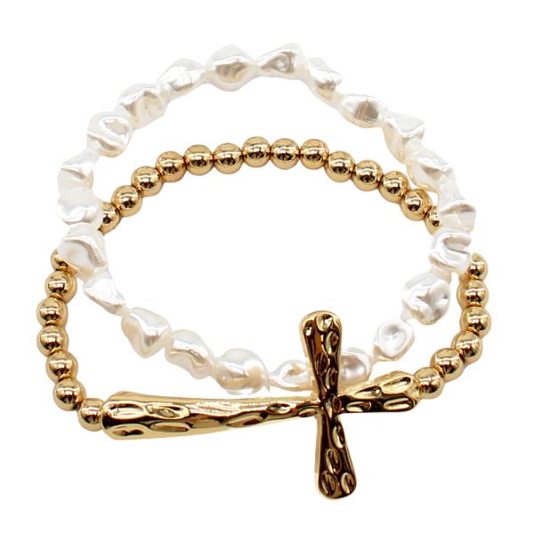 METAL PEARL BEAD CROSS STRETCH BRACELET SET