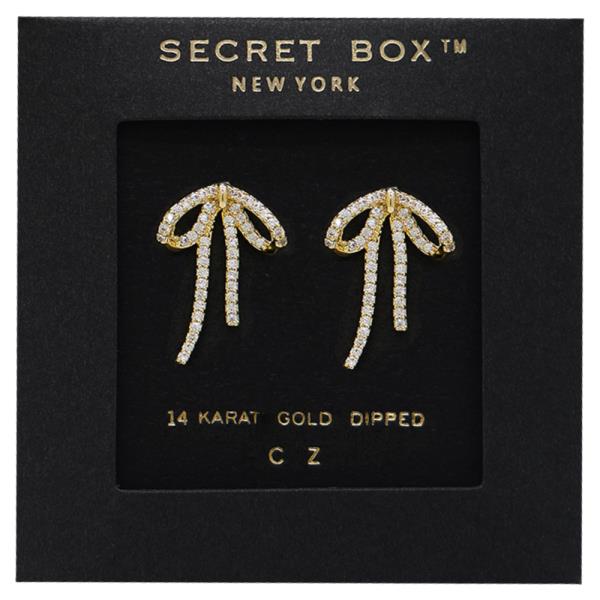 SECRET BOX 14K GOLD DIPPED BOW SHAPED CZ EARRING