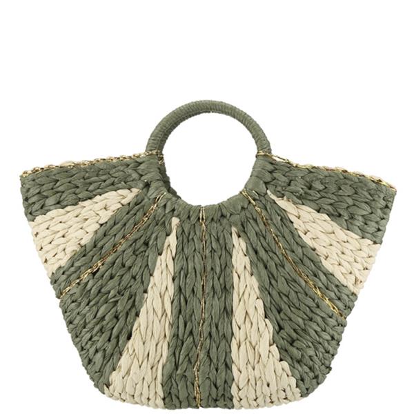 WOVEN TWO TONE PATTERN HANDLE TOTE BAG