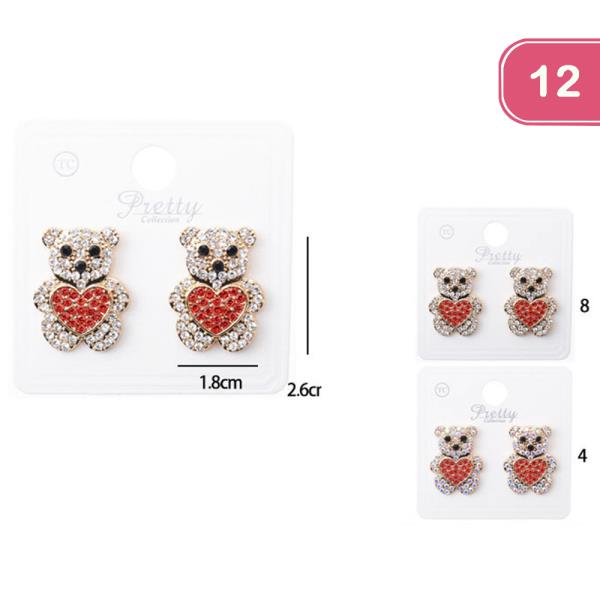 VALENTINE`S DAY RHINESTONE HEART BEAR EARRING (12 UNITS)