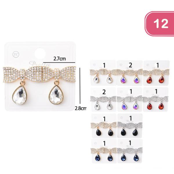 RIBBON BOW RHINESTONE TEARDROP DANGLE EARRING (12 UNITS)