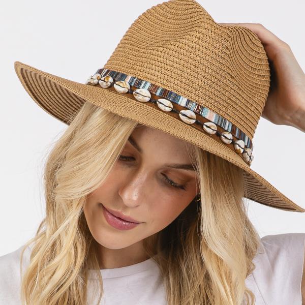 STRAW SUN HAT WITH SELL AND MULTI COLORED BAND