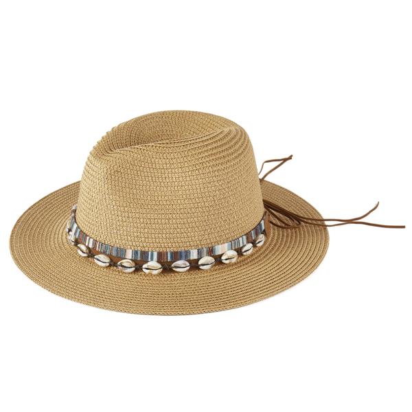 STRAW SUN HAT WITH SELL AND MULTI COLORED BAND