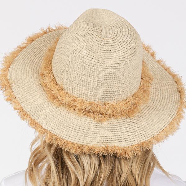 FRAYED BAND AND TRIM STRAW SUN HAT