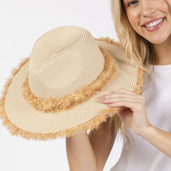 FRAYED BAND AND TRIM STRAW SUN HAT