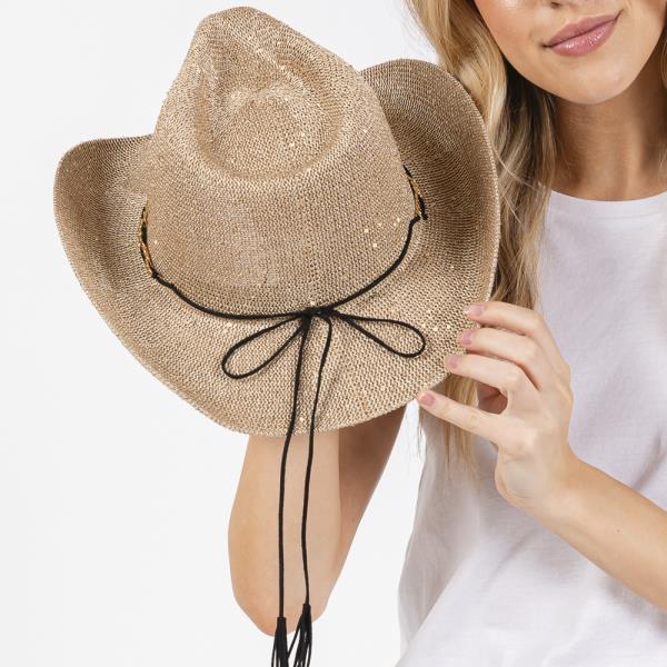 SEQUIN COWBOY HAT WITH METAL CHAIN SUEDE STRING BAND