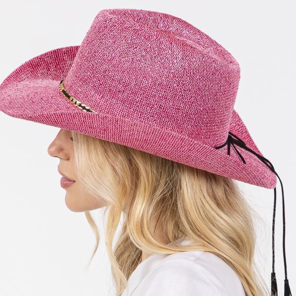 SEQUIN COWBOY HAT WITH METAL CHAIN SUEDE STRING BAND