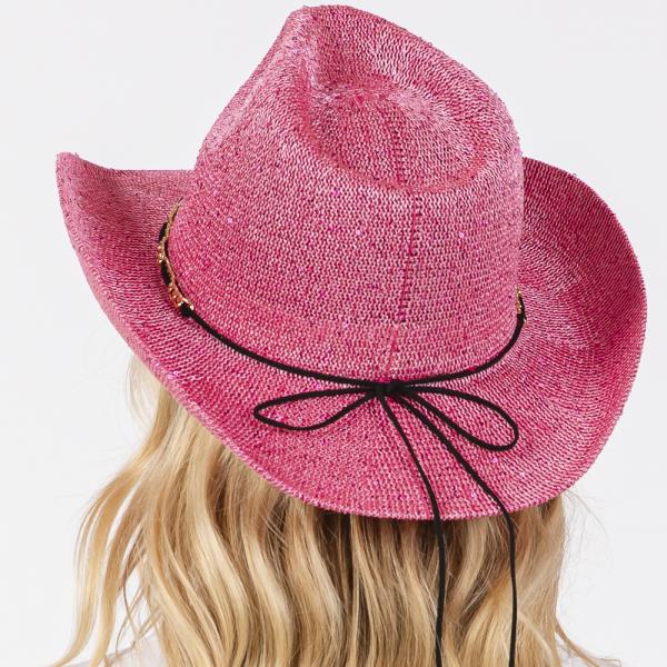 SEQUIN COWBOY HAT WITH METAL CHAIN SUEDE STRING BAND