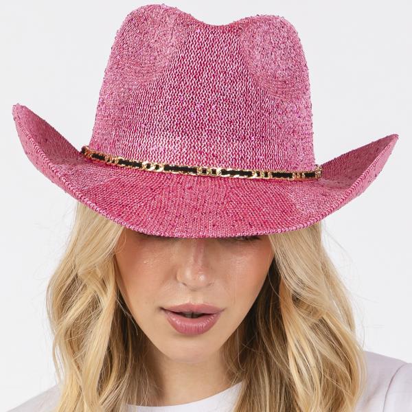 SEQUIN COWBOY HAT WITH METAL CHAIN SUEDE STRING BAND