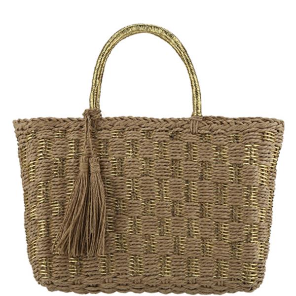 WOVEN PATTERN TASSEL HANDLE TOTE BAG