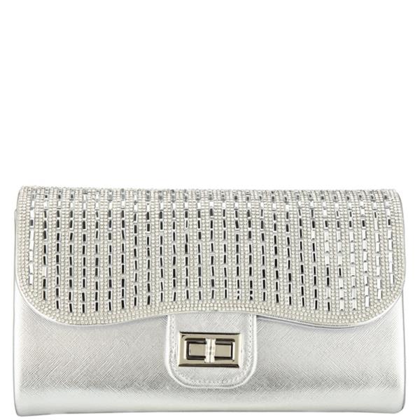 RHINESTONE TWIST LOCK FLAP CLUTCH BAG