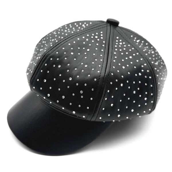 STUDDED FAUX LEATHER CABBIE NEWSBOY BERET HAT