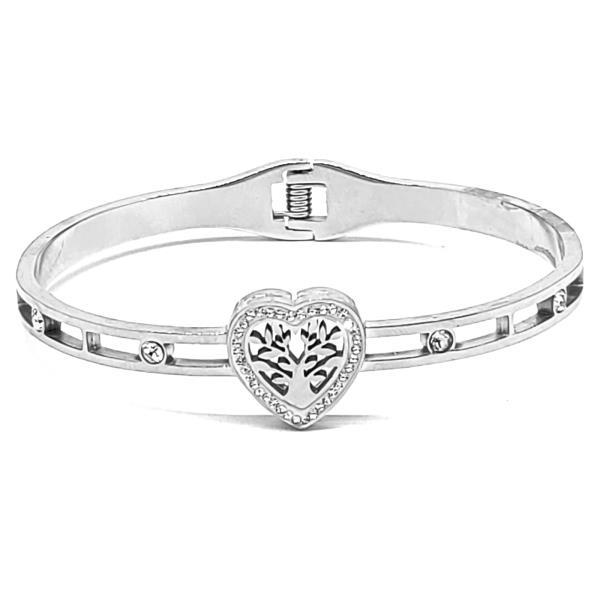 STAINLESS STEEL HEART TREE OF LIFE RHINESTONE HINGED BANGLE BRACELET