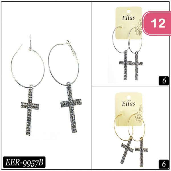 RHINESTONE CROSS DANGLE HOOP EARRING (12 UNITS)