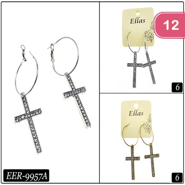 RHINESTONE CROSS DANGLE HOOP EARRING (12 UNITS)