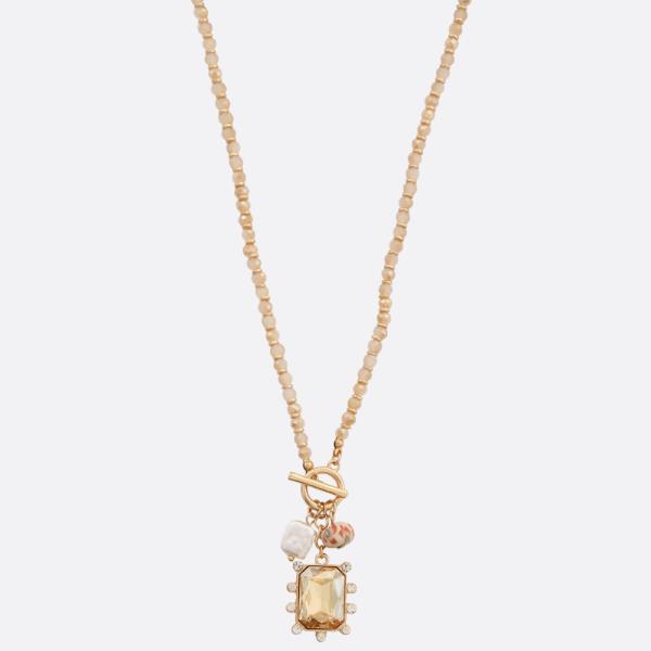 RECTANGLE CRYSTAL PEARL BEAD TOGGLE CLASP BEAD NECKLACE