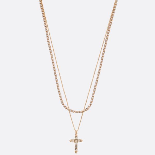 CRYSTAL CROSS CHARM LAYERED NECKLACE