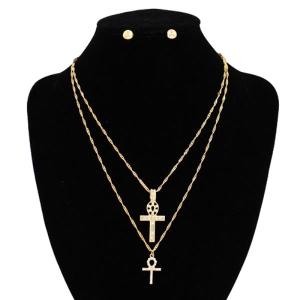 2 LAYERED METAL CHAIN CROSS PENDANT NECKLACE EARRING SET