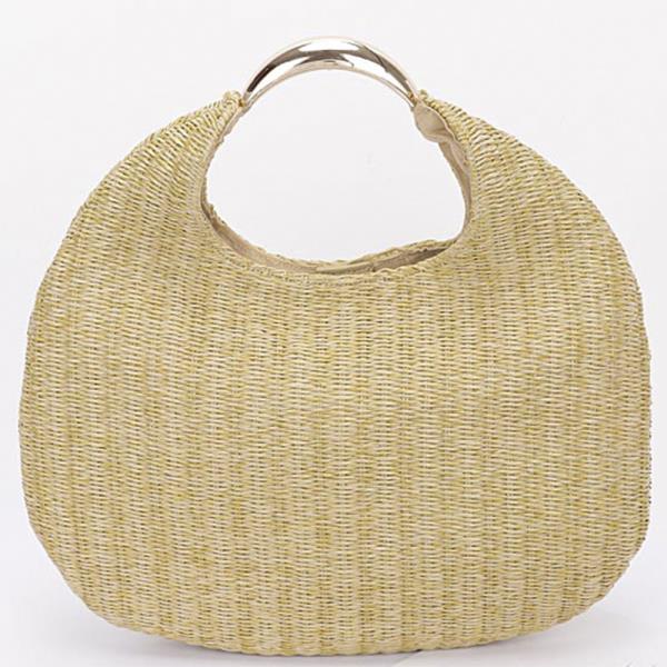 FAUX STRAW METAL HANDLE HOBO BAG