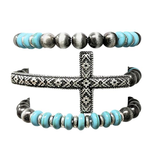 WESTERN NAVAJO AZTEC CROSS 3 STRANDS BRACELET