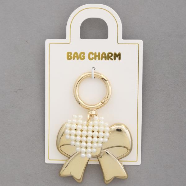 PEARL HEART METAL BOW BAG CHARM