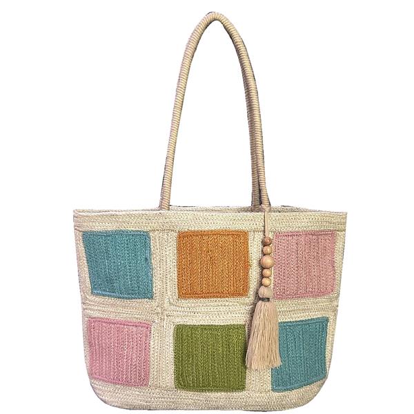 COLORED SQUARED TASSEL TOTE BAG