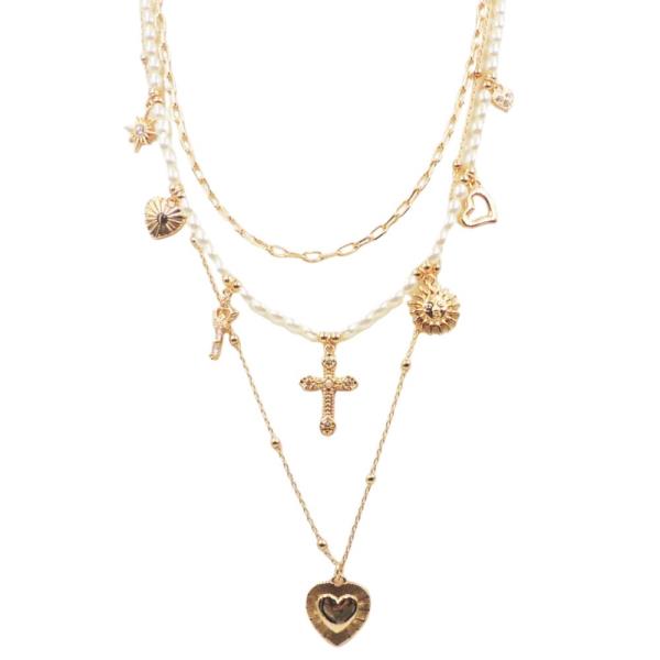 HEART CROSS CHARM PEARL BEAD LAYERED NECKLACE
