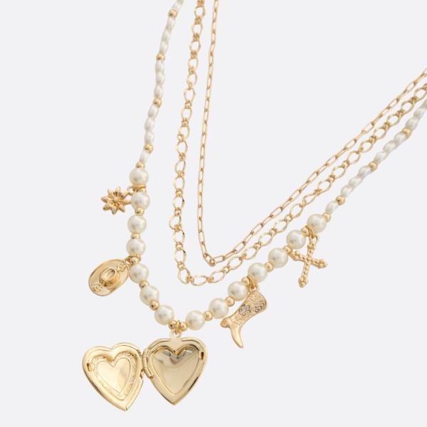 HEART LOCKET MULTI CHARM PEARL BEAD LAYERED NECKLACE