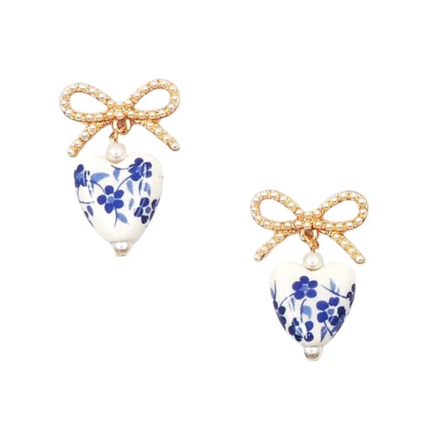 PEARL PAVE BOW HEART CERAMIC DROP EARRING