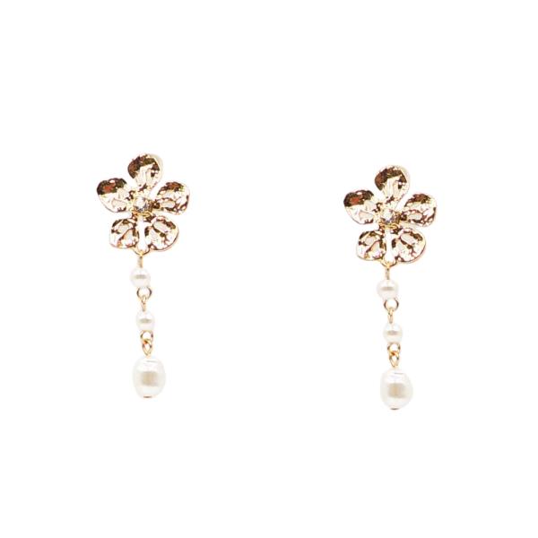 METAL FLOWER STUD PEARL DROP EARRING