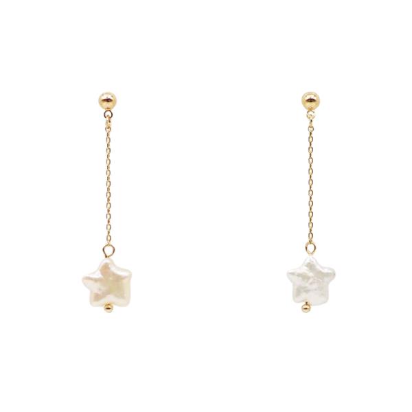 BRASS- STAR FRESHWATER PEARL CHAIN EARRING