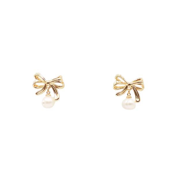 BRASS- BOW STUD PEARL DROP EARRING