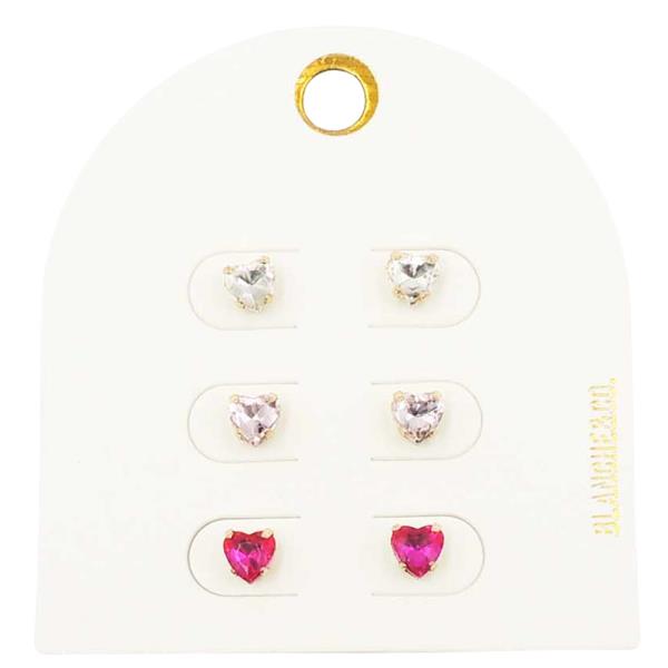 HEART GLASS STUD EARRING 3 PAIR SET