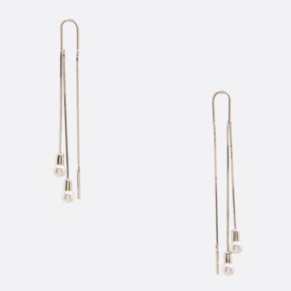 DOUBLE PEARL BEAD METAL DANGLE EARRING