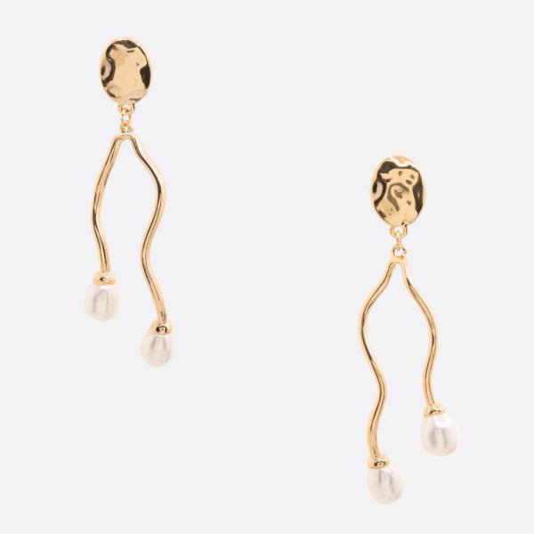 OVAL METAL BAR PEARL BEAD EARRING