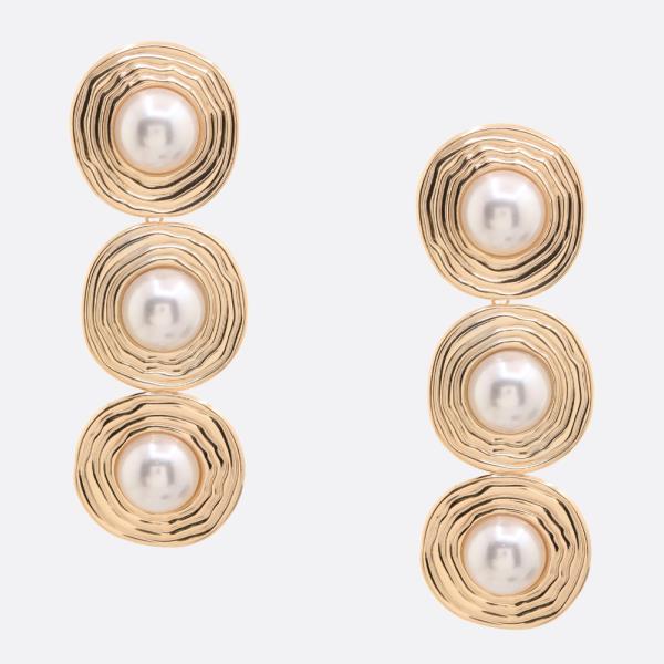 TRIPLE ROUND METAL PEARL BEAD DANGLE EARRING