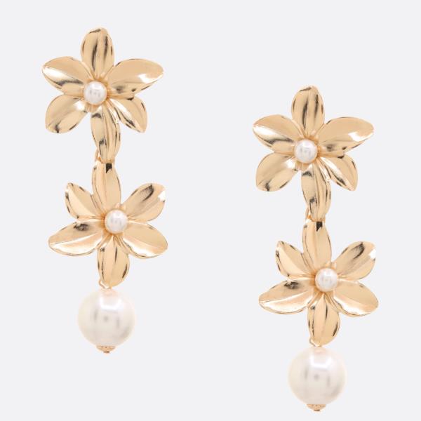 DOUBLE FLOWER PEARL BEAD DANGLE EARRING