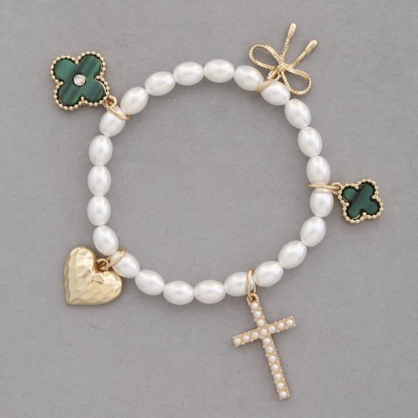 HEART CROSS MULTI CHARM PEARL BEAD BRACELET