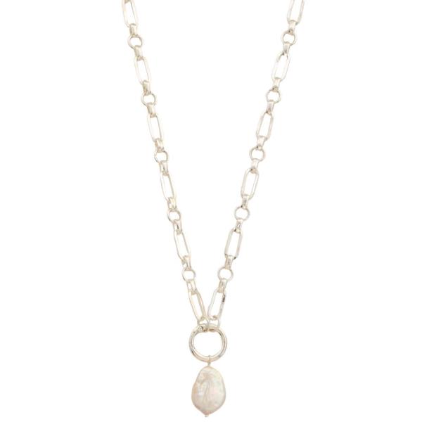 PEARL BEAD CHARM OVAL CIRCLE LINK METAL NECKLACE