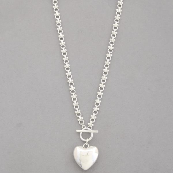 PUFFY HEART PENDANT TOGGLE CLASP METAL NECKLACE