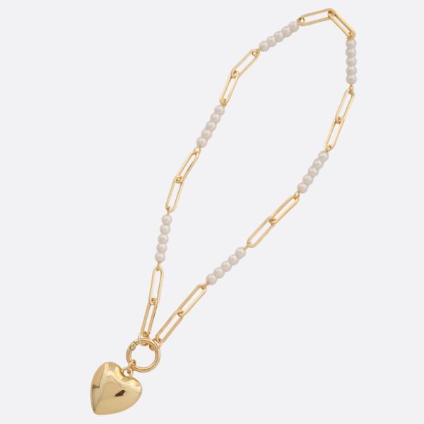 PUFFY HEART PENDANT TOGGLE CLASP PEARL BEAD OVAL LINK METAL NECKLACE