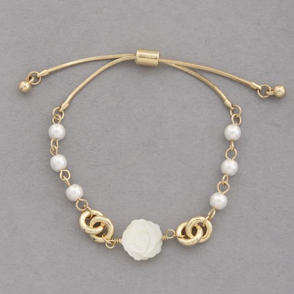 FLOWER CHARM CIRCLE LINK PEARL BEAD BRACELET