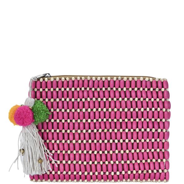 BEADED POM POM TASSEL CLUTCH BAG