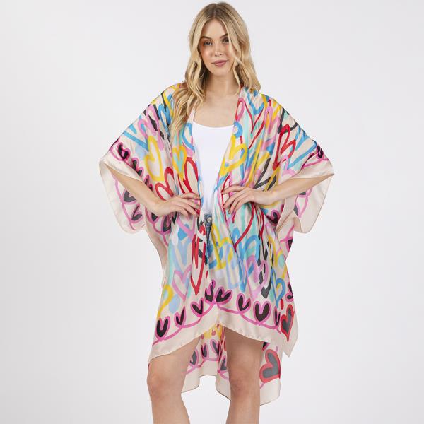 MULTI COLORED HEART PRINT SILKY FEEL KIMONO