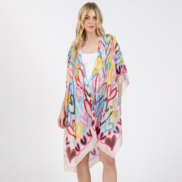 MULTI COLORED HEART PRINT SILKY FEEL KIMONO